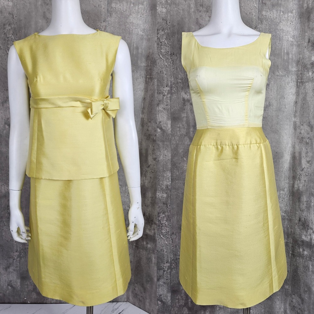 Vintage 60s Joan Leslie By Kasper Yellow Dress Set‎ Sleeveless Bow Detail